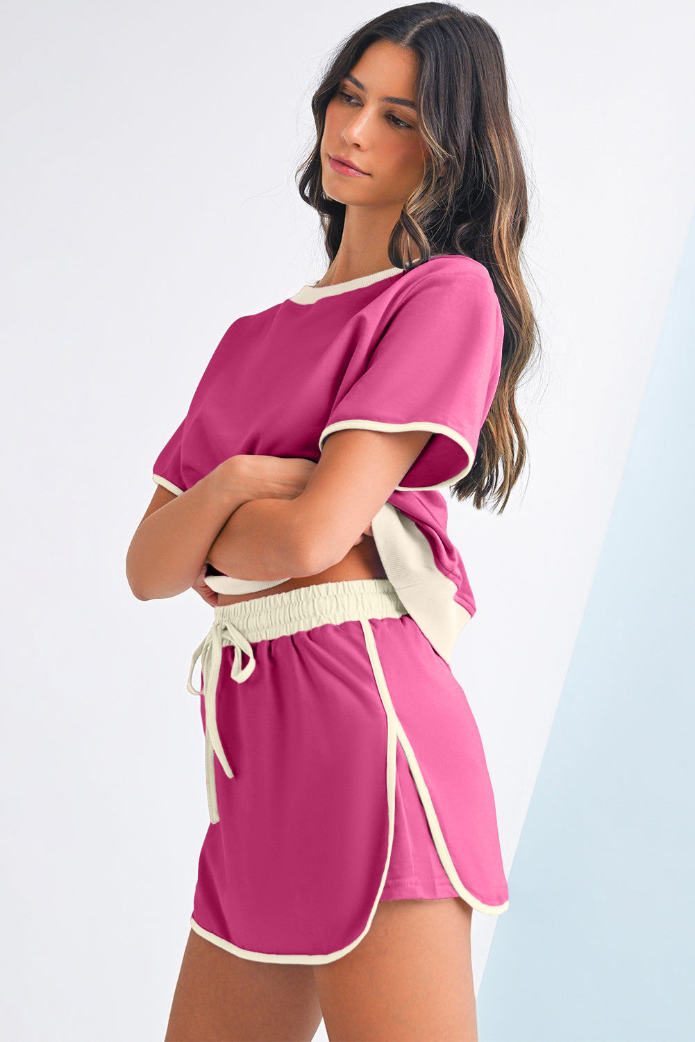 Rose Red Colorblock Drop Shoulder T Shirt & Skort Set