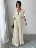 Pleated V-Neck Shirt Jumpsuit in Cream - Minimalist Glamour