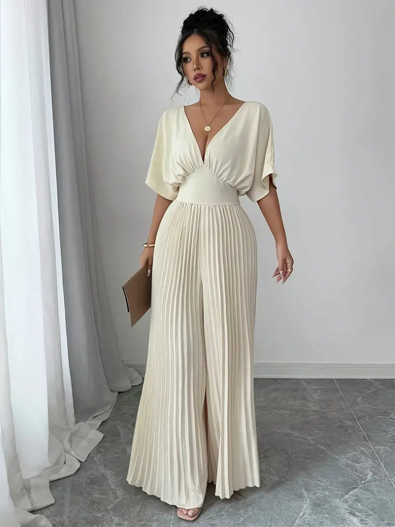 Pleated V-Neck Shirt Jumpsuit in Cream - Minimalist Glamour