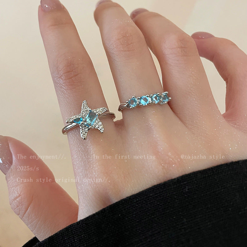 Blue Star Zircon Ring For Women, Luxury Niche High-End Index Finger Ring, Fashion Stackable Adjustable Band