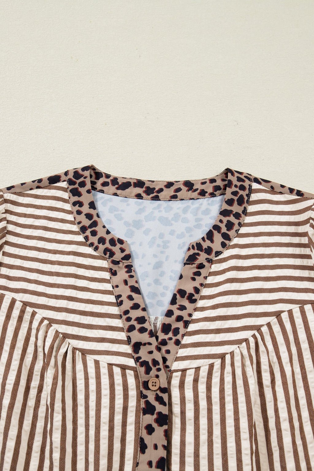 Stripe Leopard Trim V-Neck Buttoned Short Sleeve Shirt