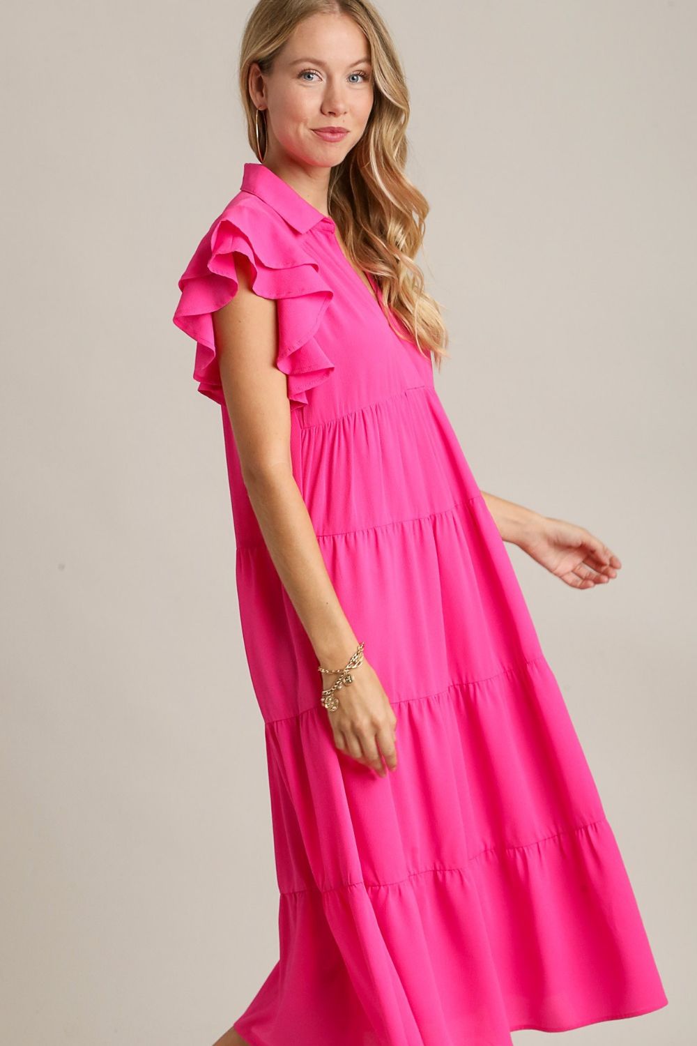 Charming Pink Ruffle Cap Sleeve Dress with Collared Neck