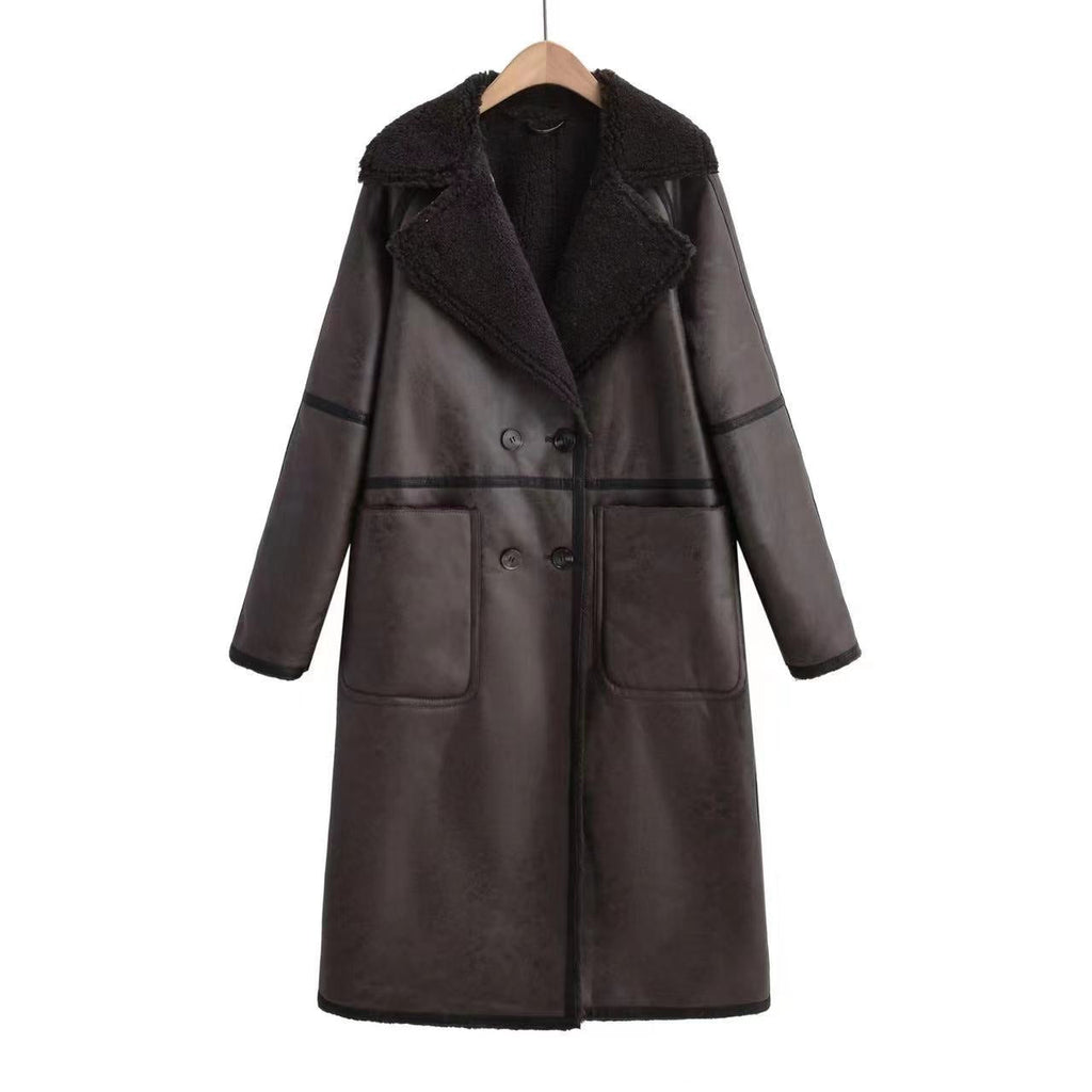 Women’s Double-Breasted Faux Leather Trench Coat with Sherpa Lining - Image 10