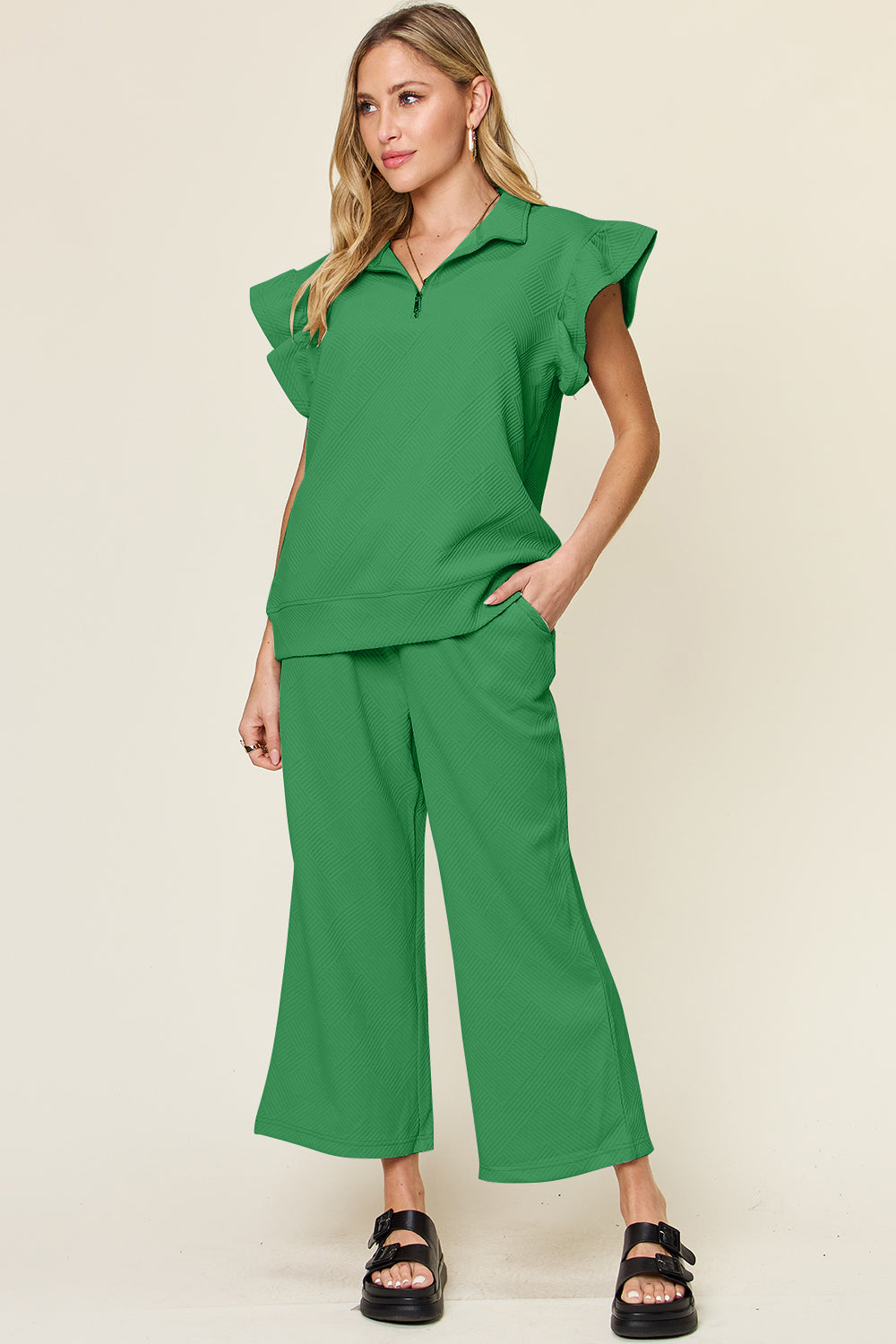 Textured Ruffle Top & Drawstring Wide Leg Pants Set