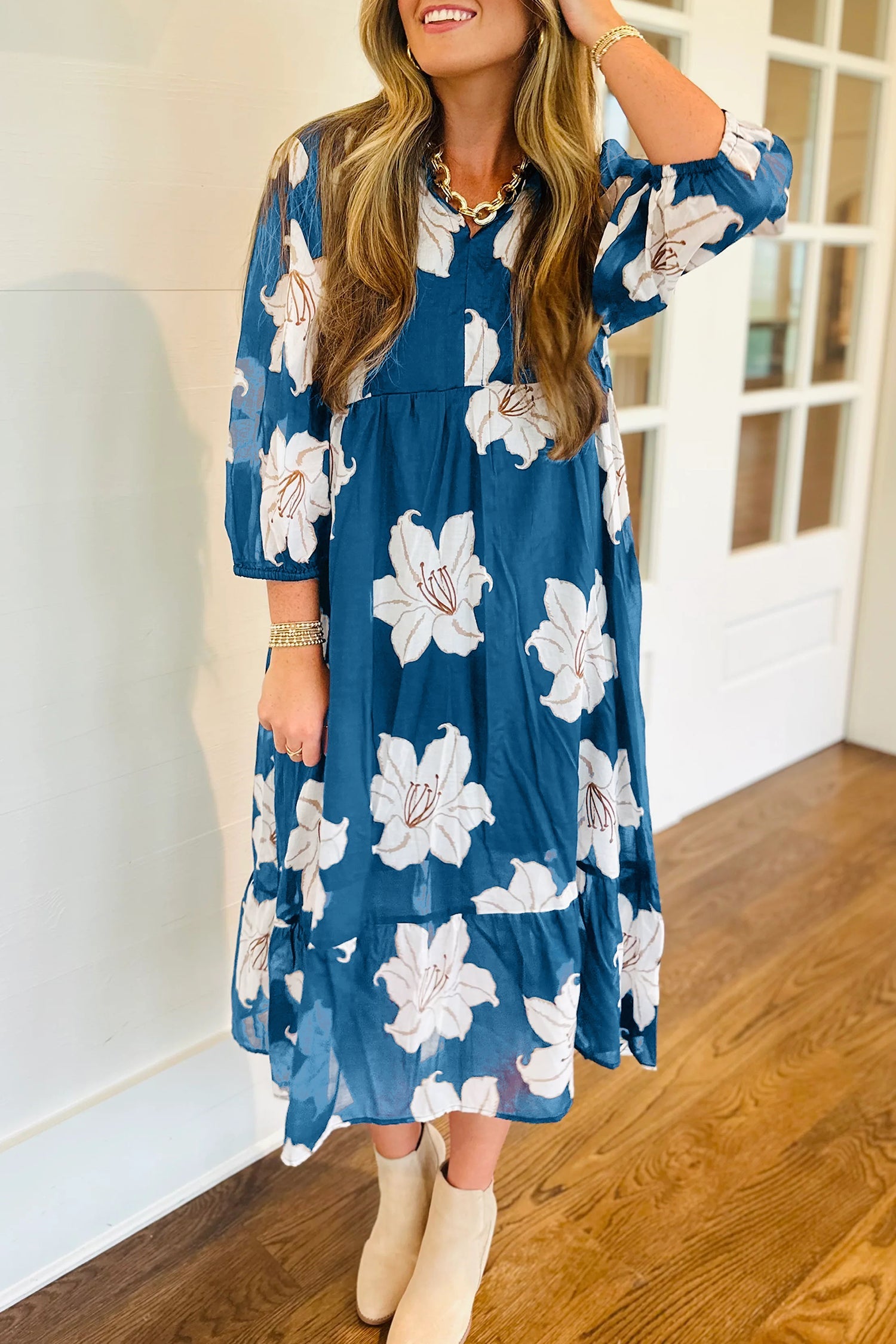 Blue Floral Print Shift Midi Dress - V Neck 3/4 Sleeve