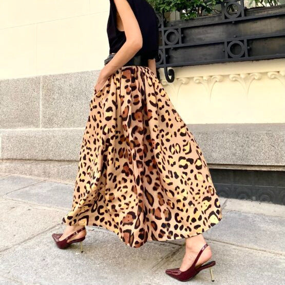 Women’s Leopard Print A-Line Skirt Elegant Big Hem Midi