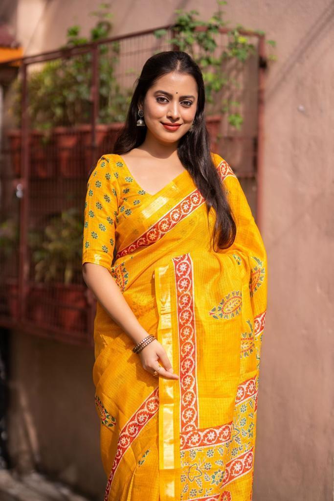 Mustard Silk Blend Geometric Saree with Unstitched Blouse - Hiral Fashion