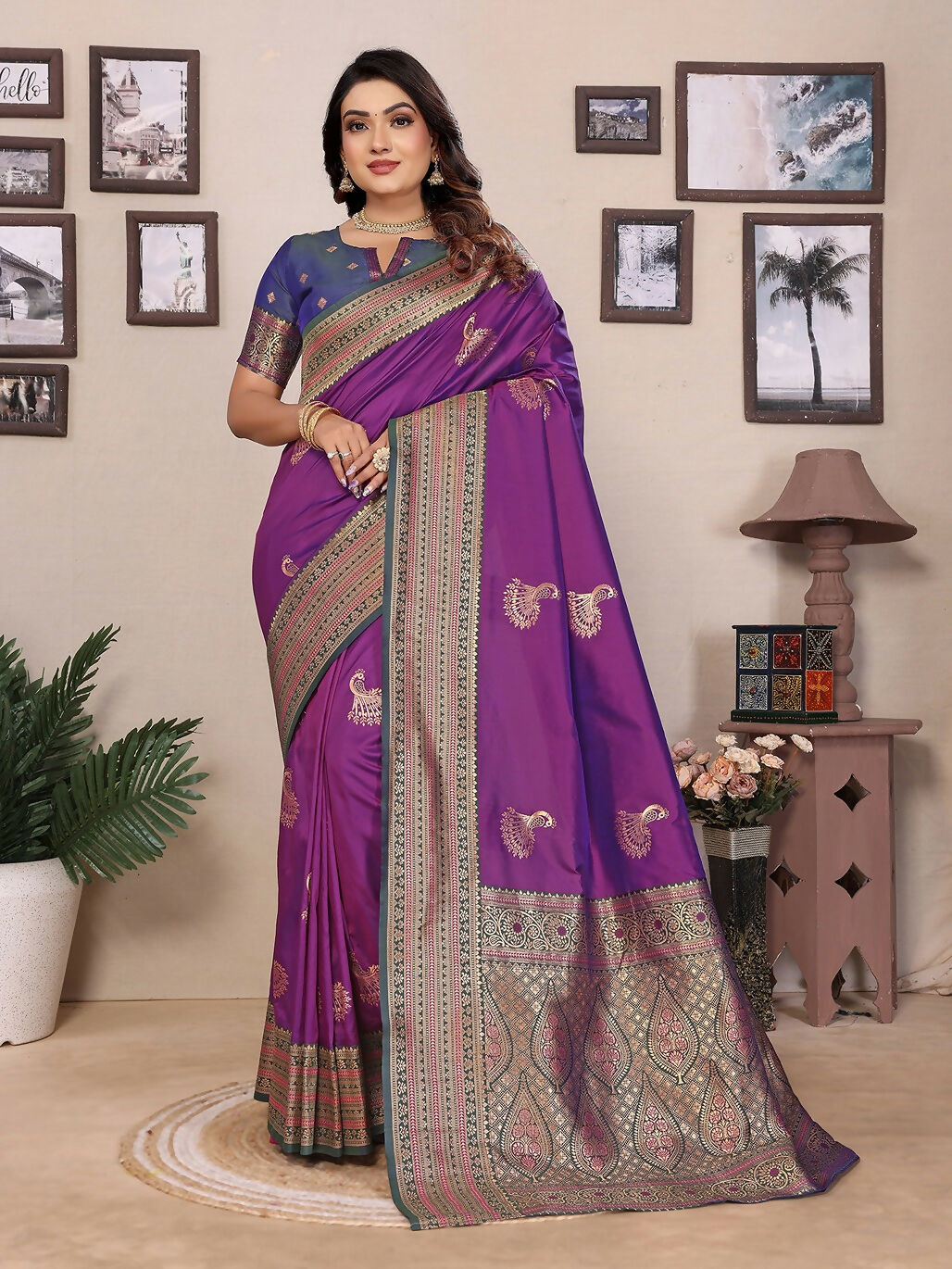 Magenta Banarasi soft silk saree with intricate small butti gold work pattern