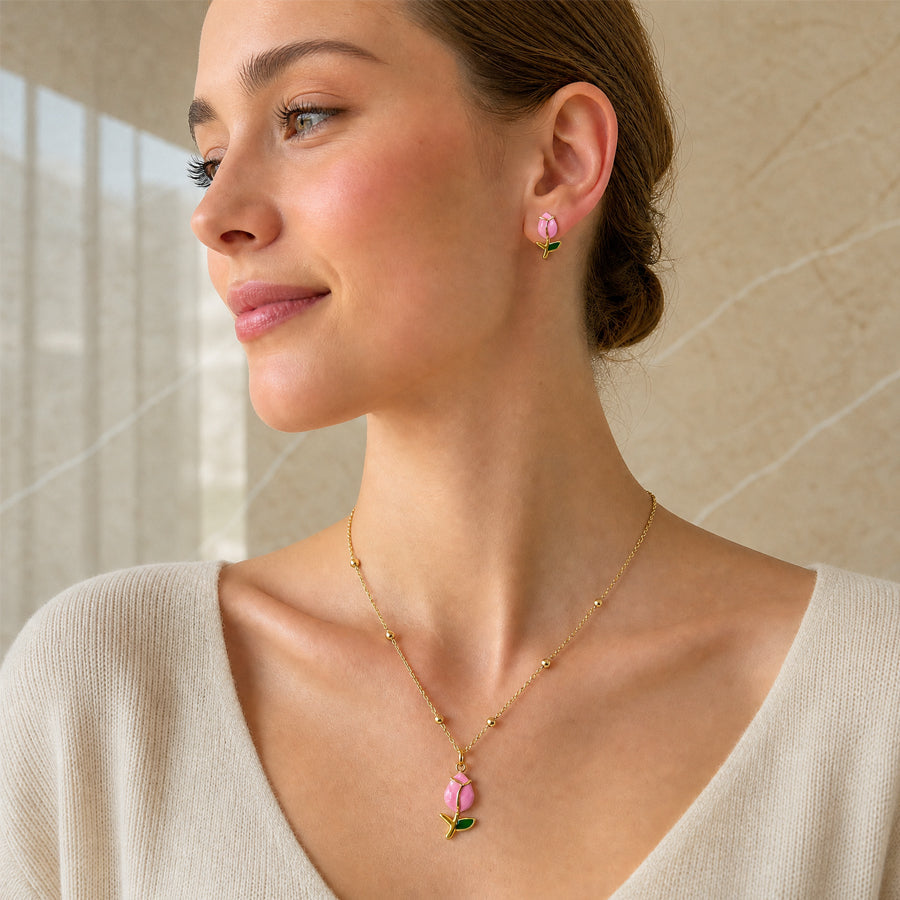 Gold Tone Enamel Tulip Flower Jewelry Set 2Pcs Women Pendant Necklace Stud Earrings Multi Color Floral Bud With Green Leaves Daily Party Dropshipping Gift