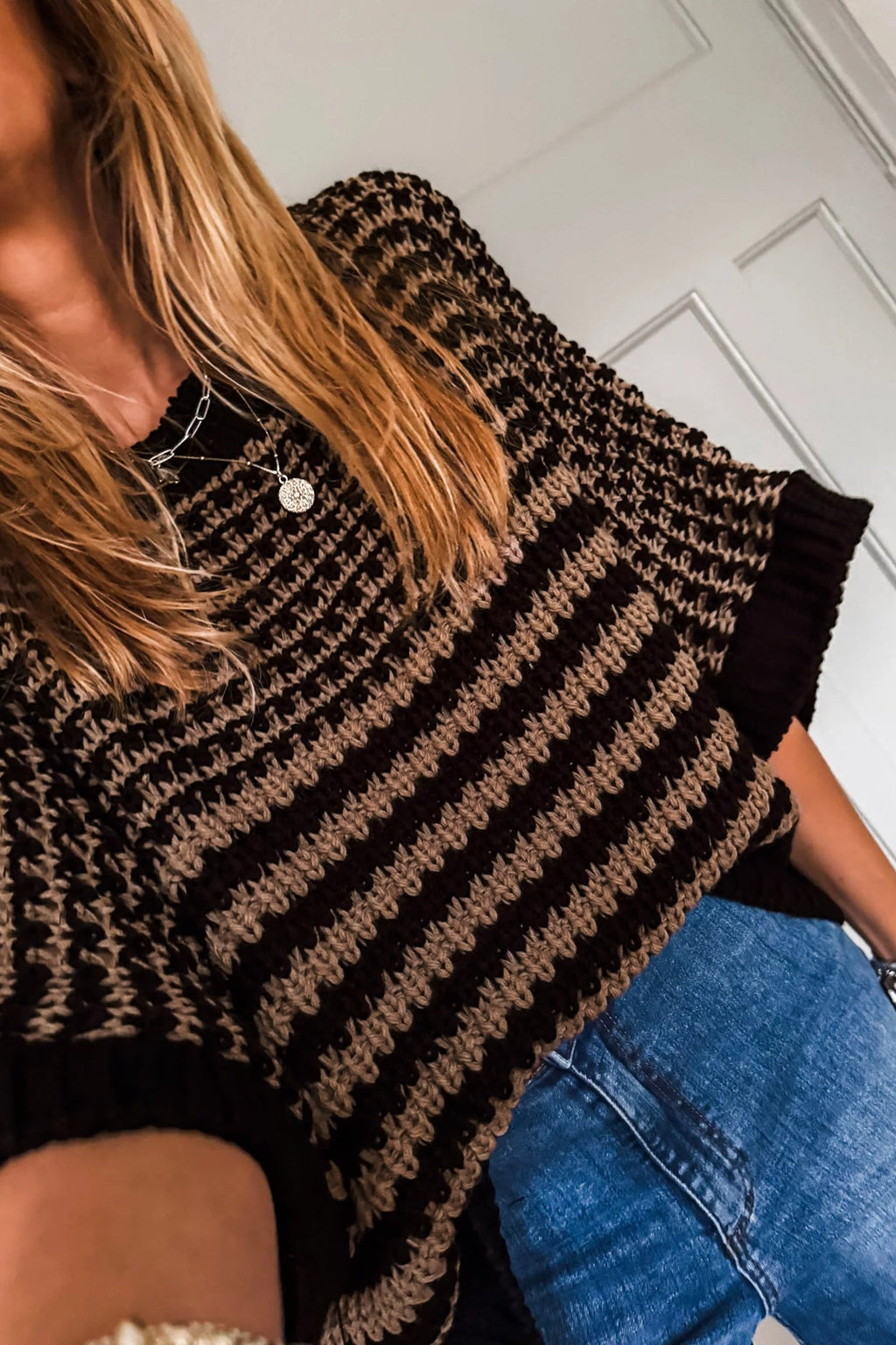 Red Stripe 3/4 Draped Sleeve Slouchy Sweater | Acrylic Knit