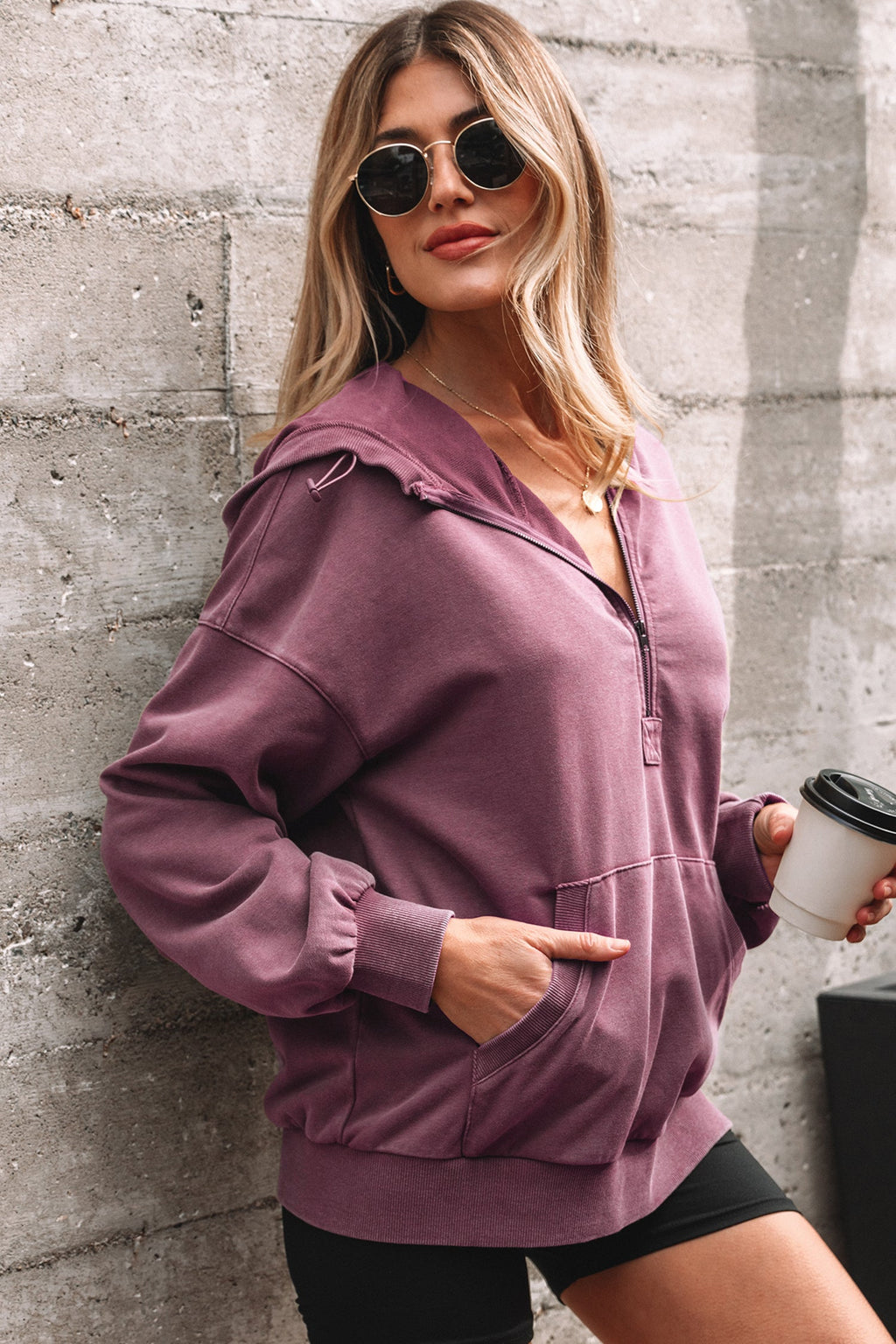 Black Half Zip Kangaroo Pocket Mineral Wash Baggy Hoodie