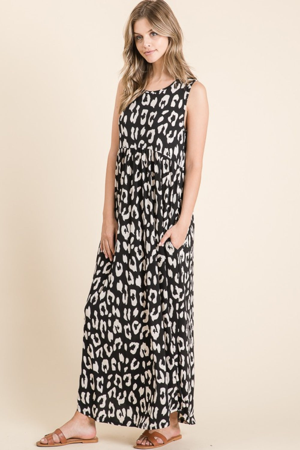 Leopard Print Maxi Dress with Pockets and Shirred Waist