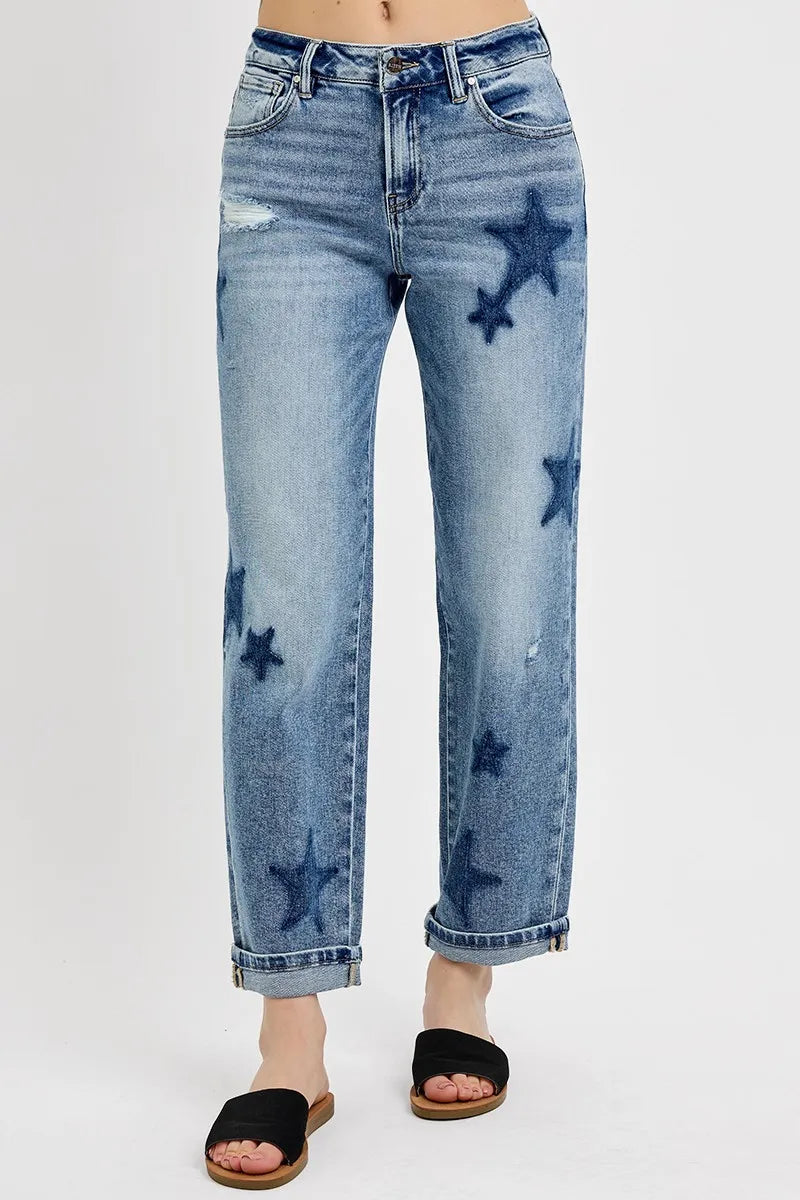 Mid Rise Boyfriend Star Shadow Detail Cuffed Jeans