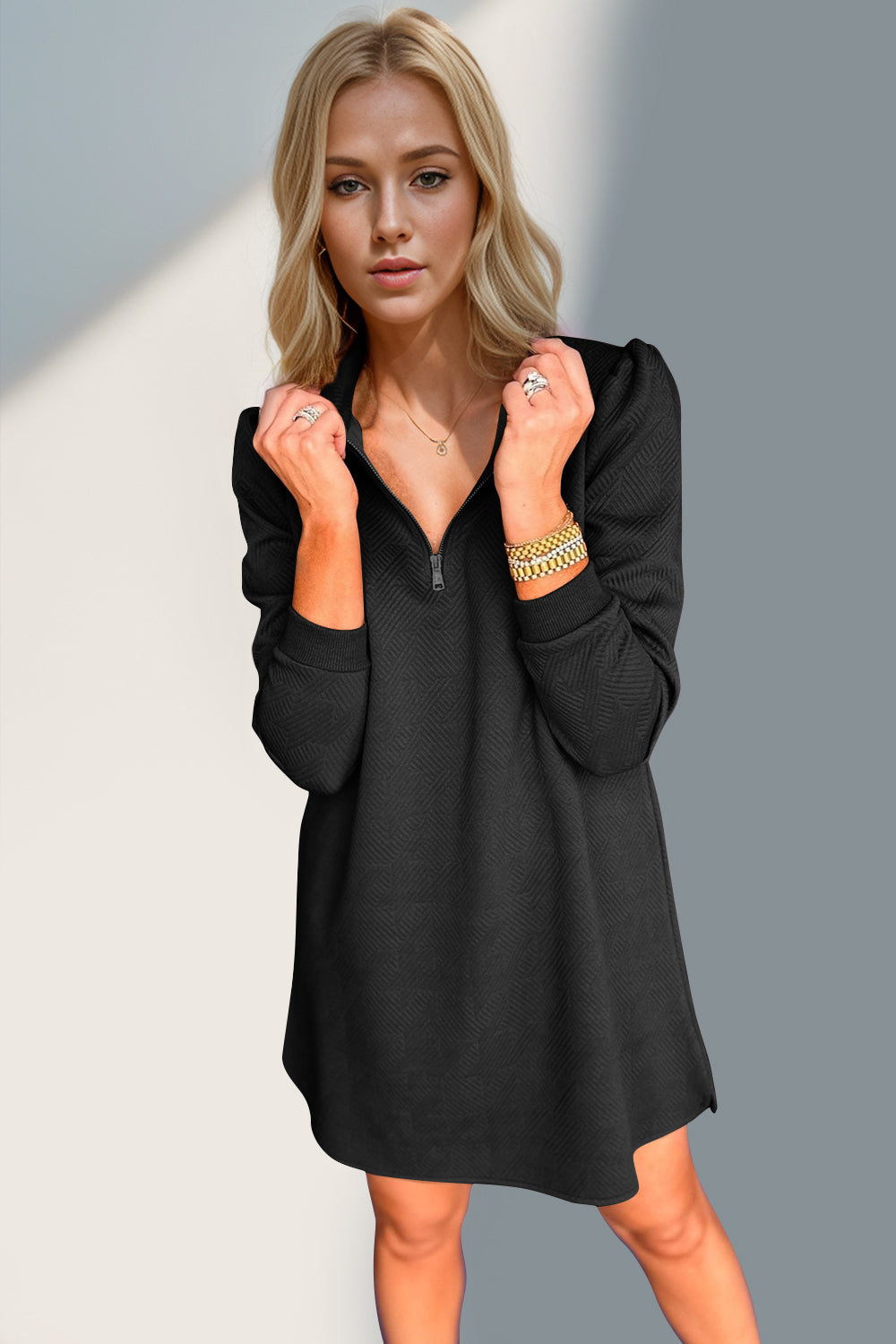 Textured Zip-Front Long Sleeve Dress - Elegant Women's Apparel