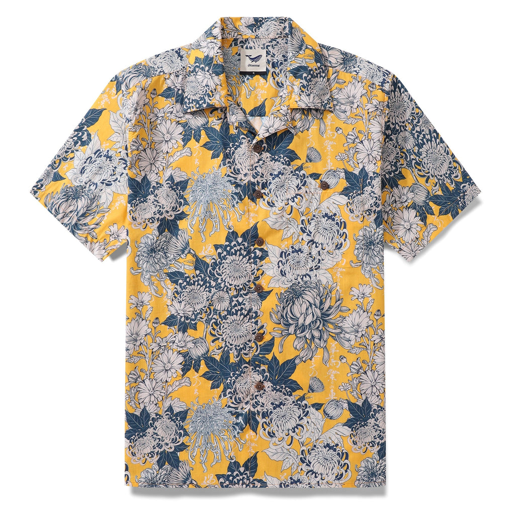 Yellow short sleeve Hawaiian shirt with white and yellow chrysanthemum floral pattern