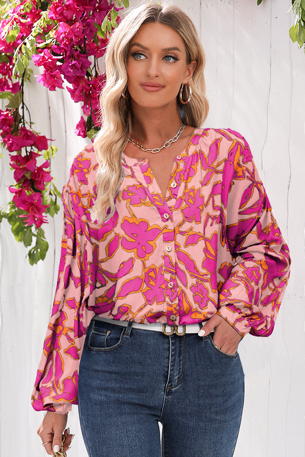 Blue Floral Print Batwing Sleeve Buttoned Shirt