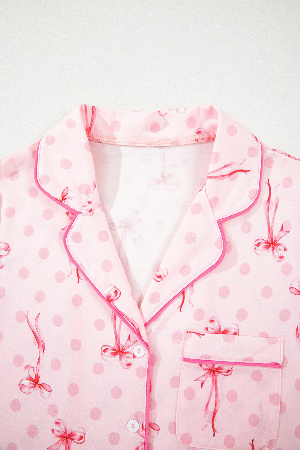 Pink Bow Print Contrast Piping Short Pajamas Set