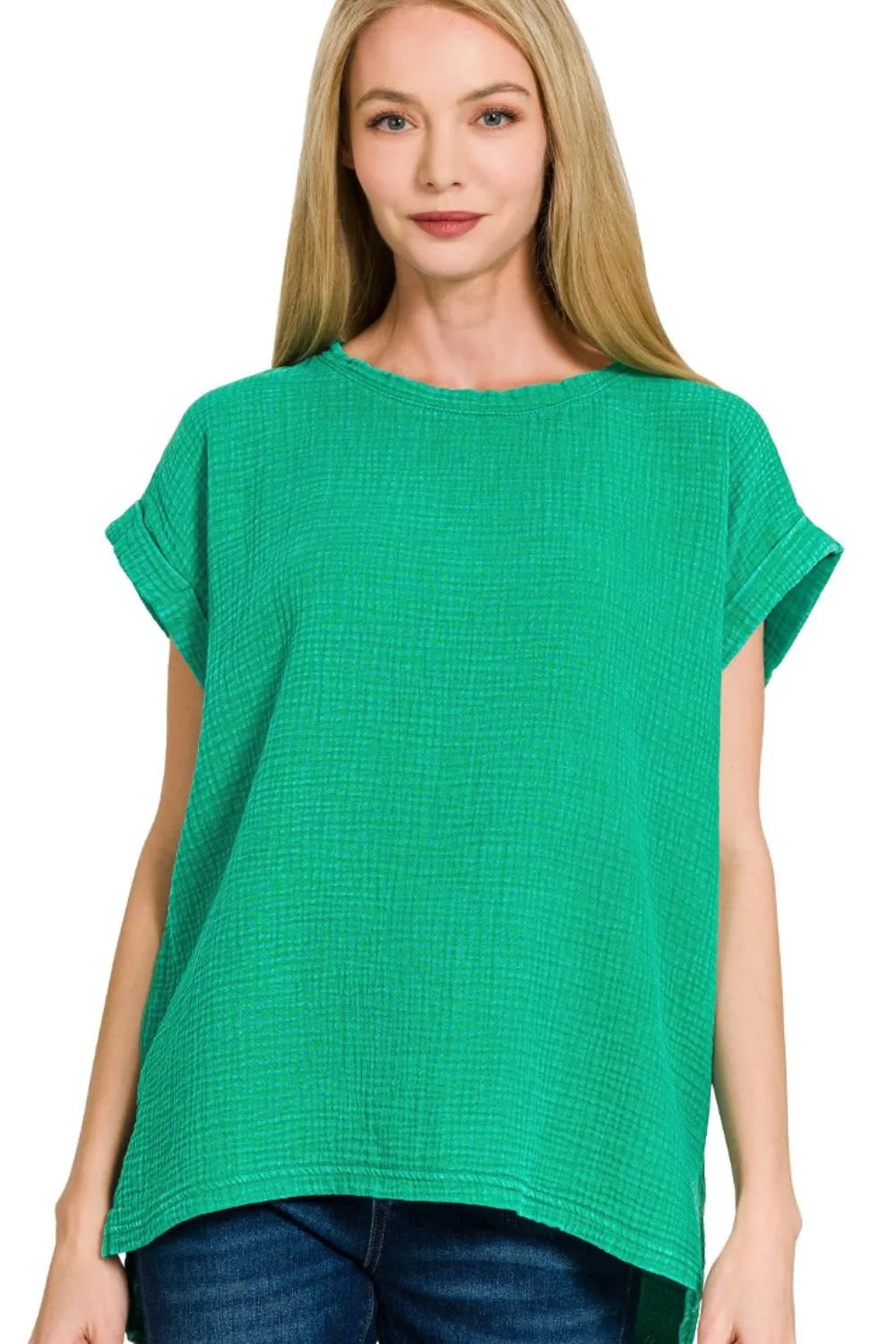 Zenana Woven Double Gauze Acid Washed Green Short Sleeve Top
