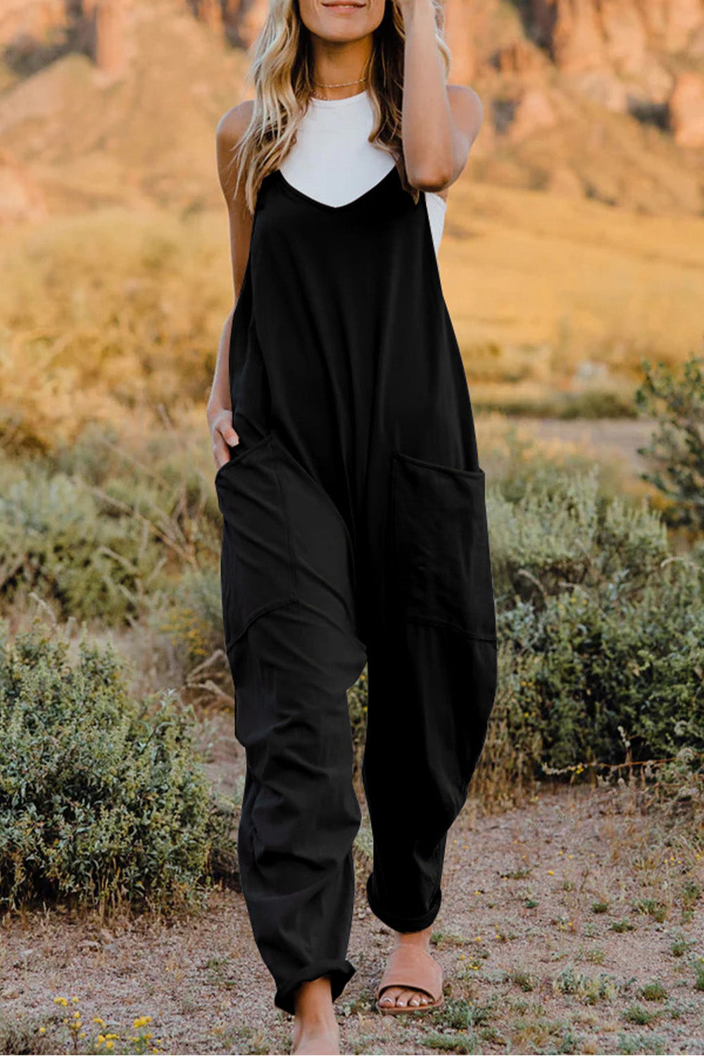 V-Neck Sleeveless Jumpsuit with Pockets - Lightweight Casual Fit