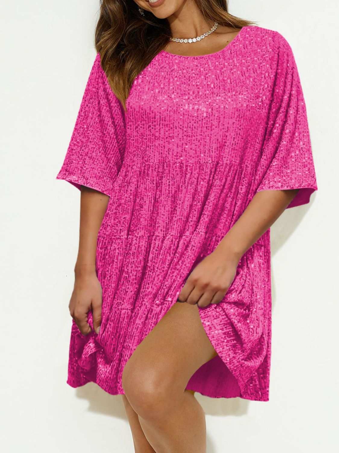 Sequin Round Neck Half Sleeve Mini Dress | Shimmer