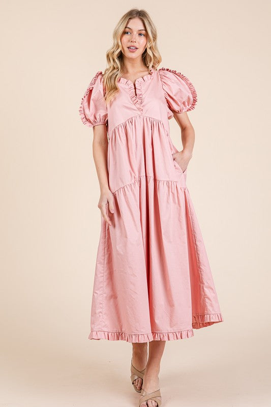 Ruffle Trim Puff Sleeve Tiered Babydoll Midi Dress
