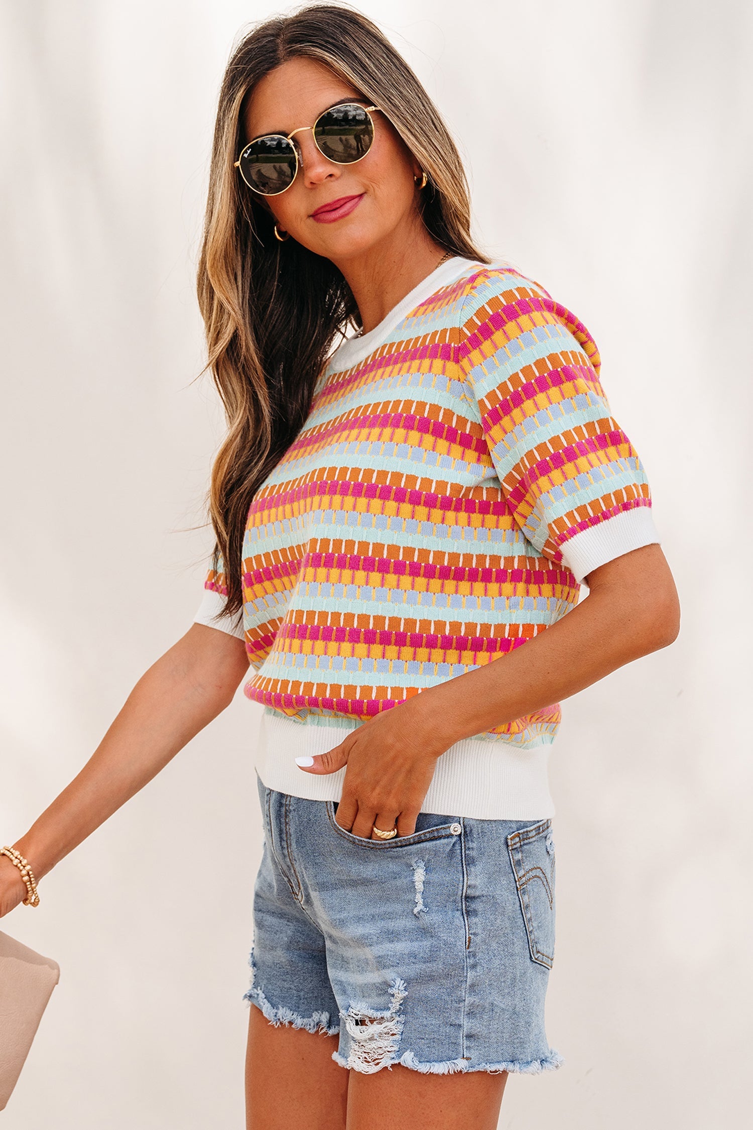 Purple Abstract Striped Knit Short Sleeve Sweater Top