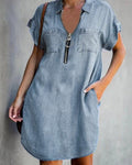 Lapel Short Sleeve Loose Denim Shirt Dress - Casual Street Fashion