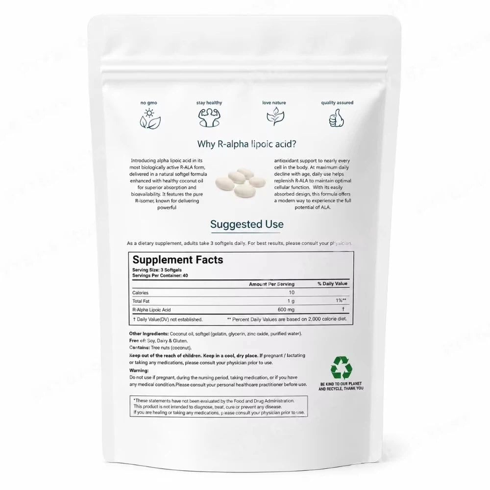 Alpha Lipoic Acid 600mg Softgels With MCT Oil Antioxidant Dietary Supplement Non GMO Gluten Free Soy Free 120 Softgels