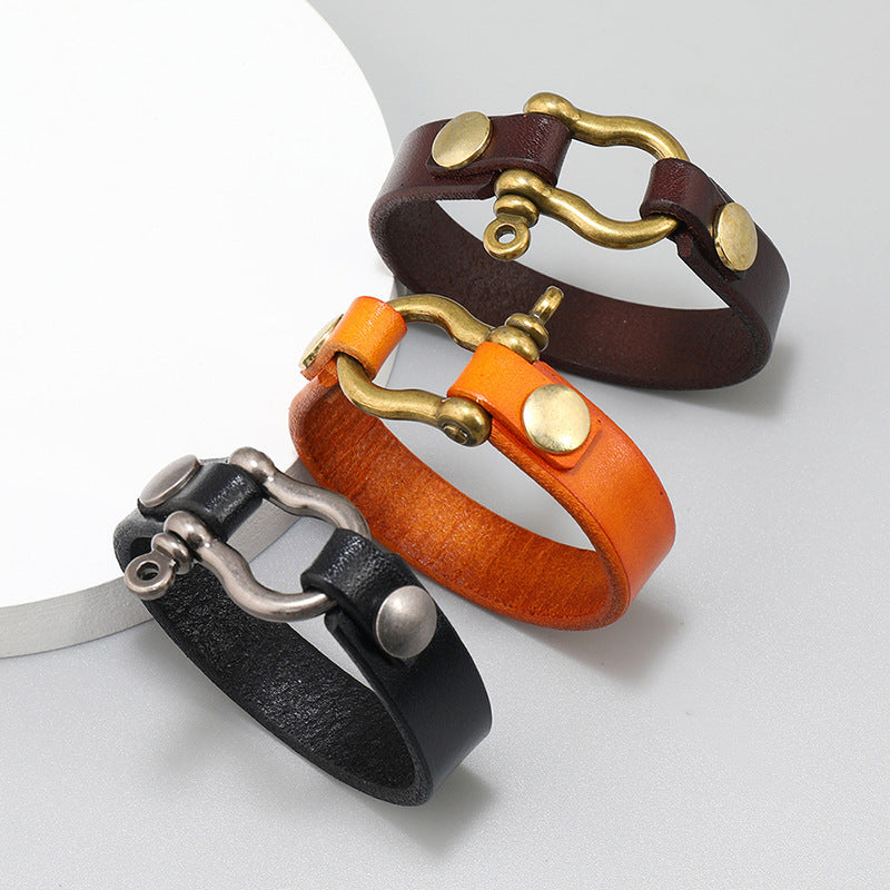 Minimalist Horseshoe-clasp Bracelet Made Of First-layer Cowhide Leather