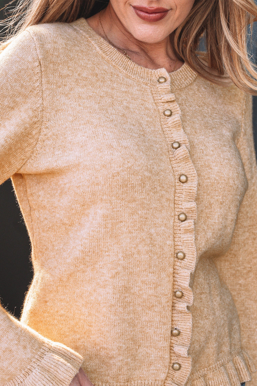 Yamileth Oatmeal Ruffle Trim Gold Button Cardigan