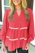 Coral Contrast Ricrac Trim V-Neck Button Down Shirt
