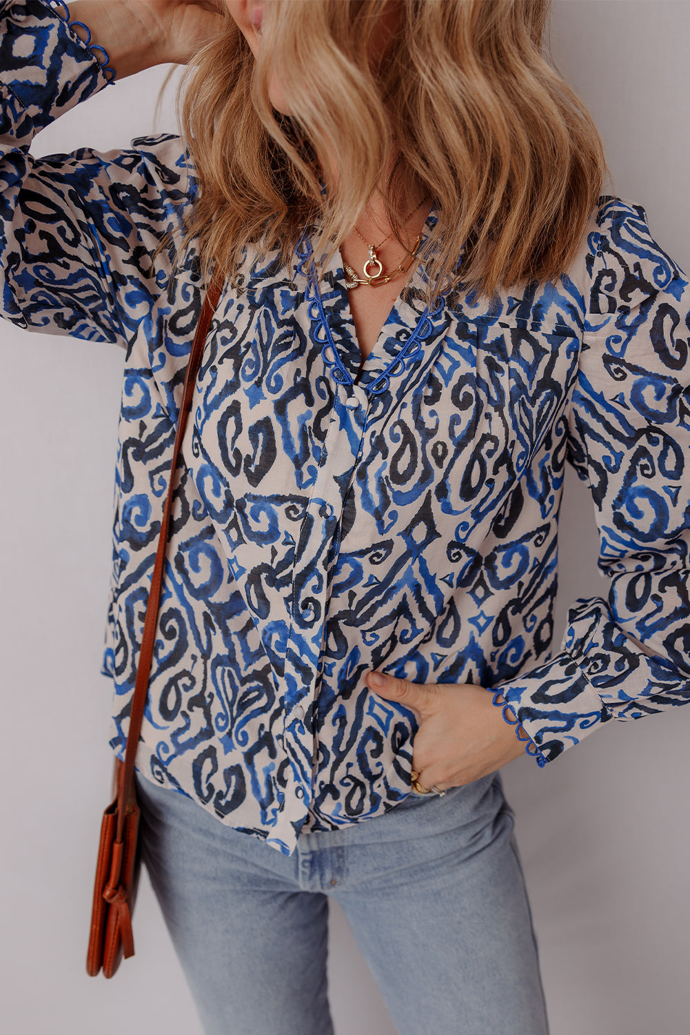 Blue Bohemian Embroidered V-Neck Long Sleeve Shirt