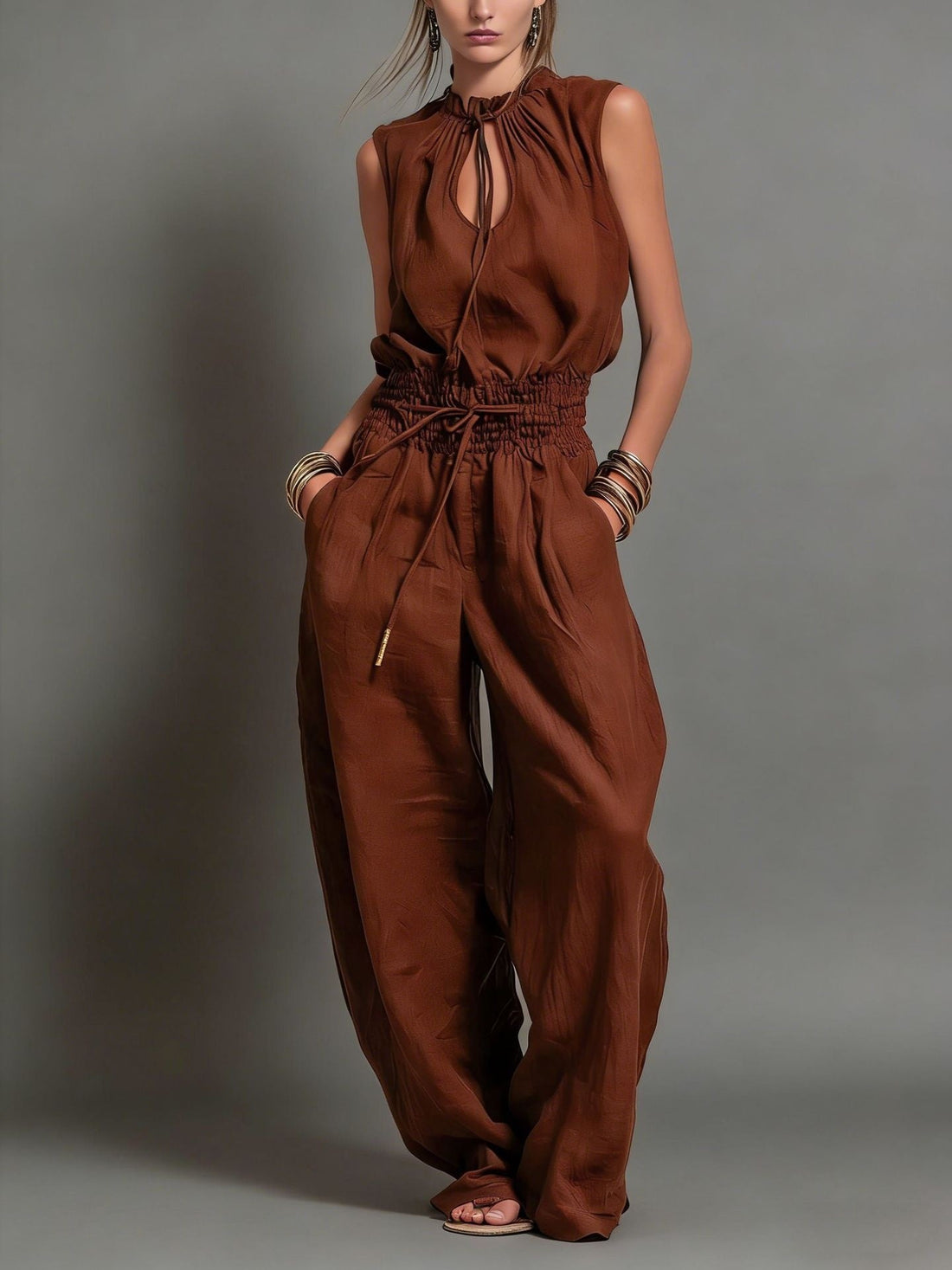 Navy Blue Sleeveless High-Waist Wide-Leg Jumpsuit with Tie-Waist - Image 6