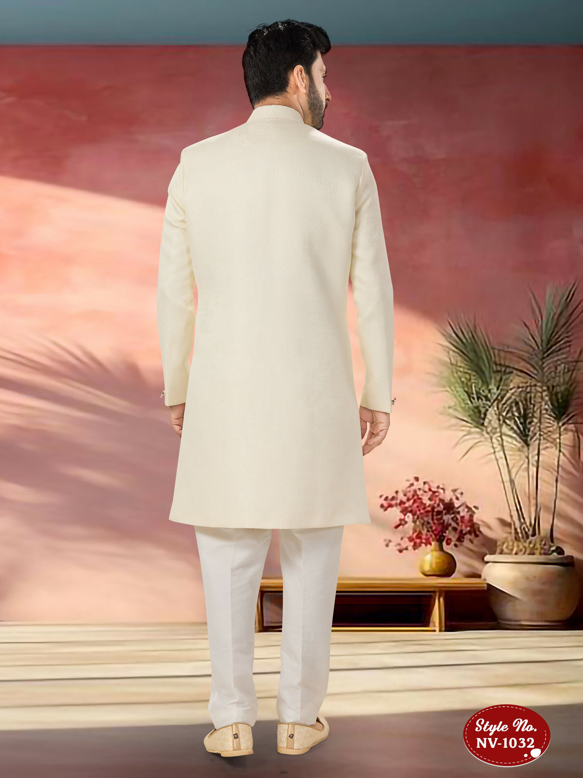 Men's White Straight Indo-Western Kurta Set with Self-Design Fabric