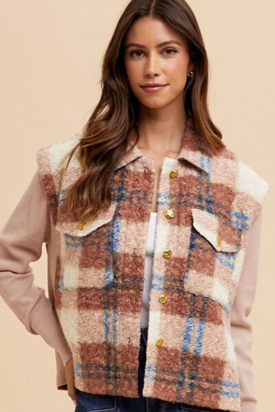 Young girl wearing a brown faux fur plaid button-up jacket