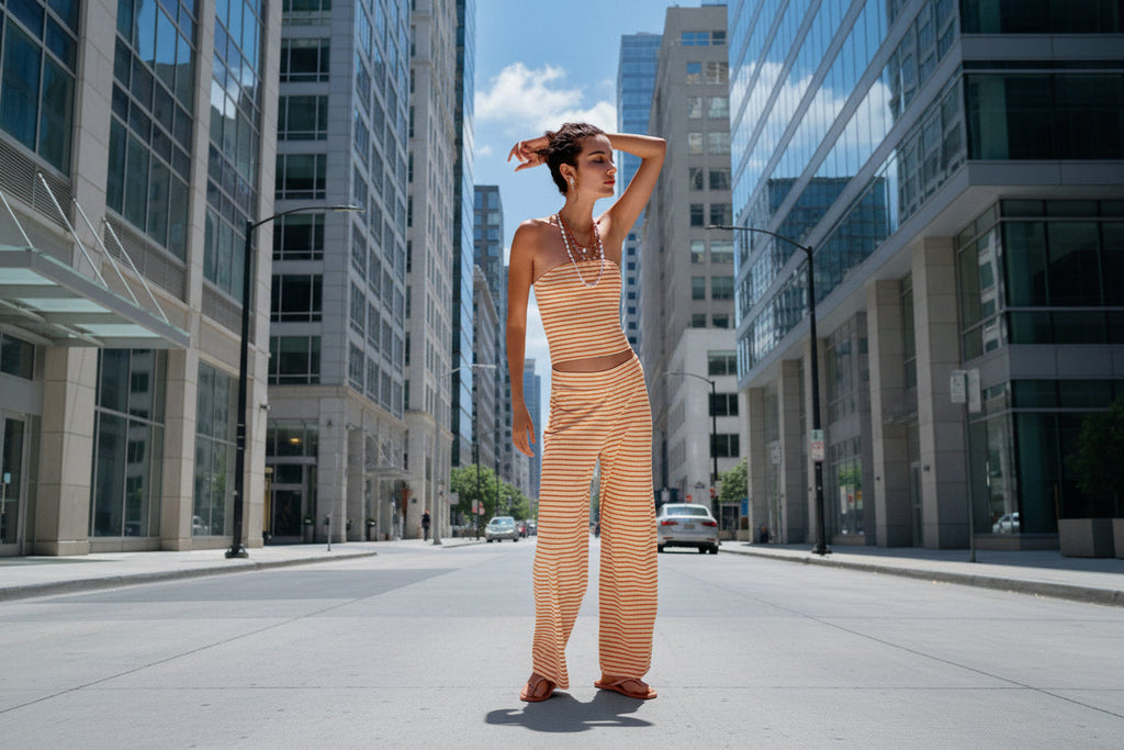 Women's Striped Modal Tube Top and Wide Leg Pants Set - Image 2
