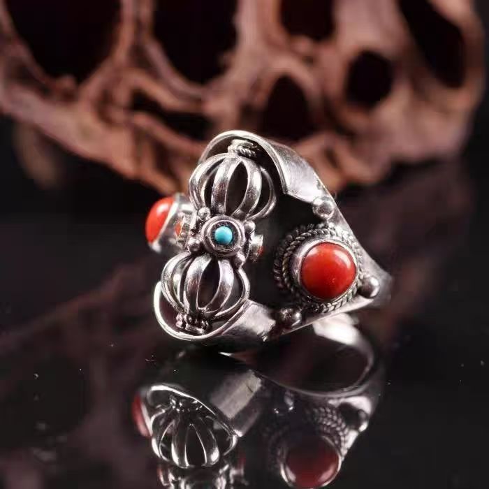 New Xizang-Style Vajra Heavy-Duty Ring With Imitation Turquoise And Red Bead Inlay, Vintage Ethnic Style Unisex Ring Accessory
