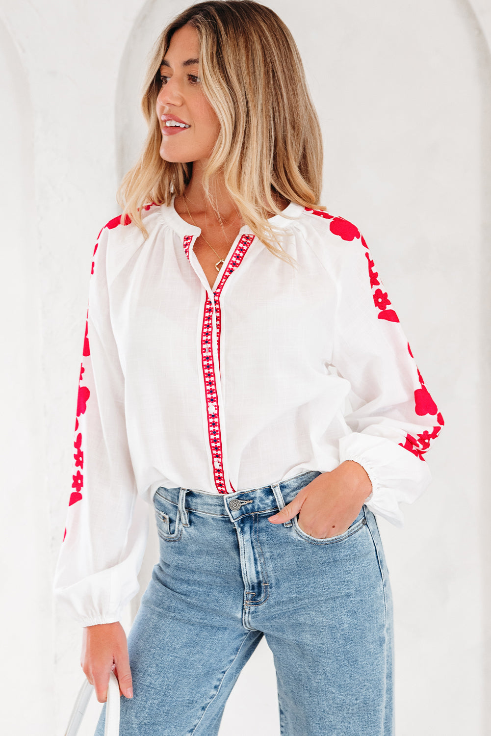White Long Sleeve Floral Embroidered Casual Blouse - Image 5