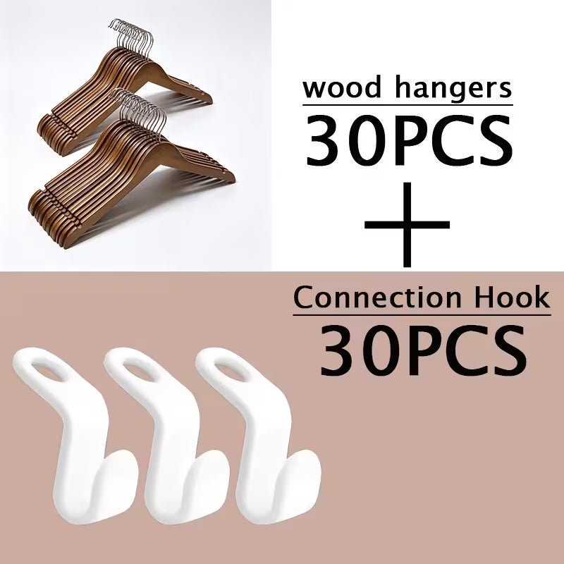 Solid Wood Clothes Hangers Set with Connector Hooks