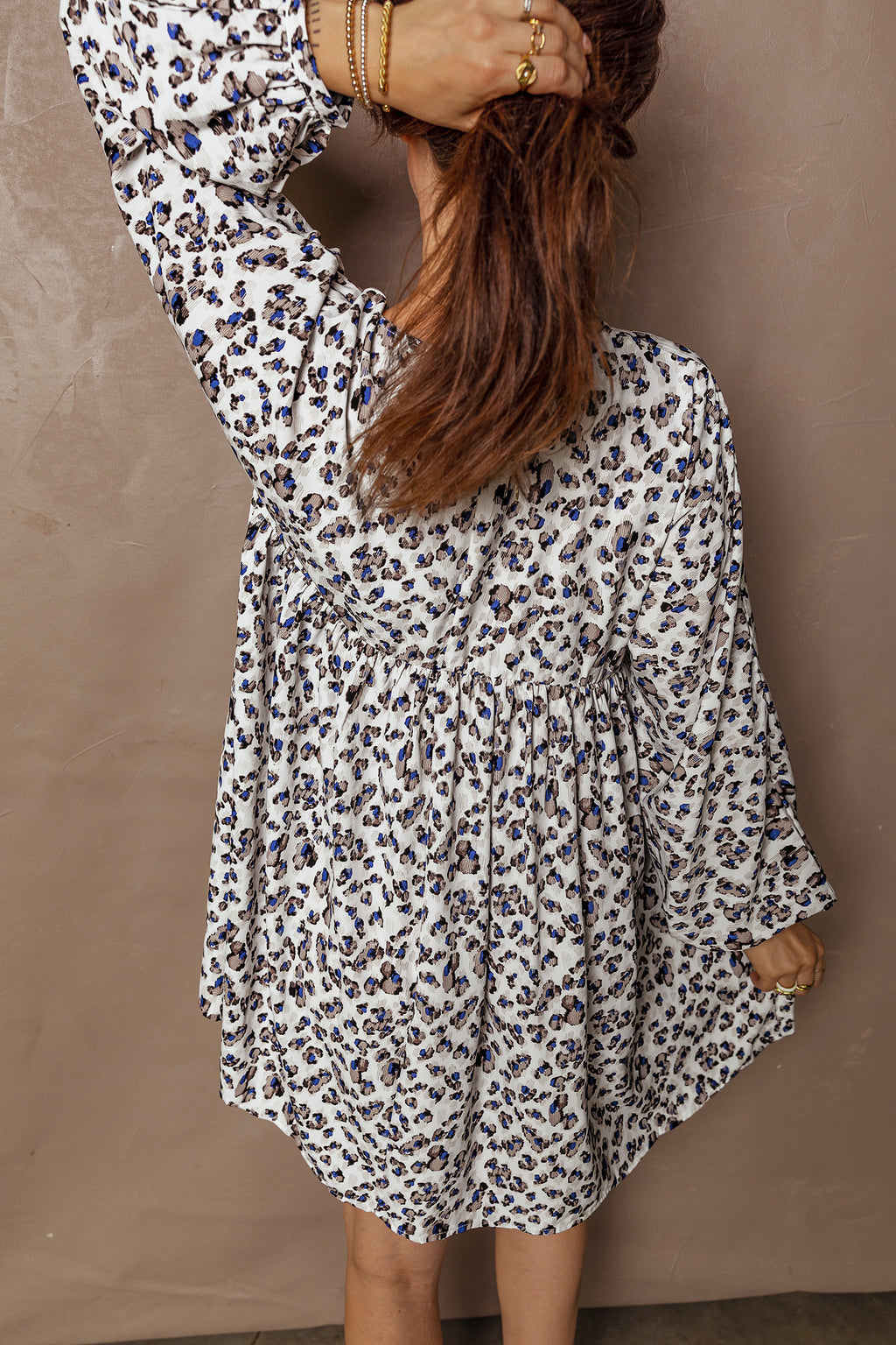 Multicolour Leopard Print V Neck Button Detail Long Sleeve Mini Dress