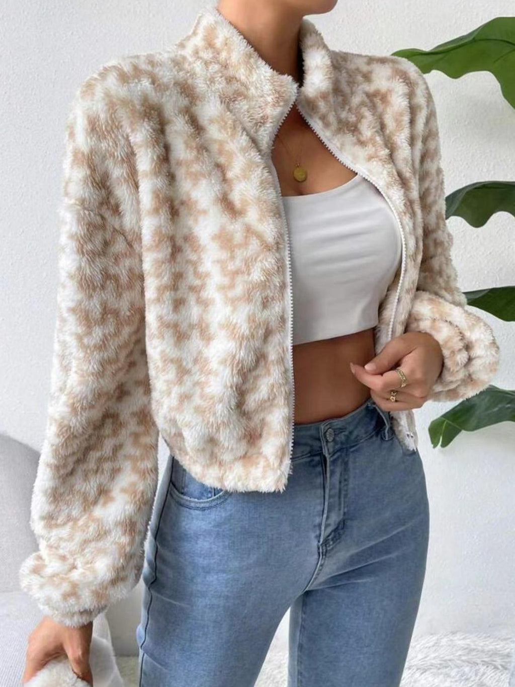 Zip Up Long Sleeve Fuzzy Outerwear | Cropped Casual