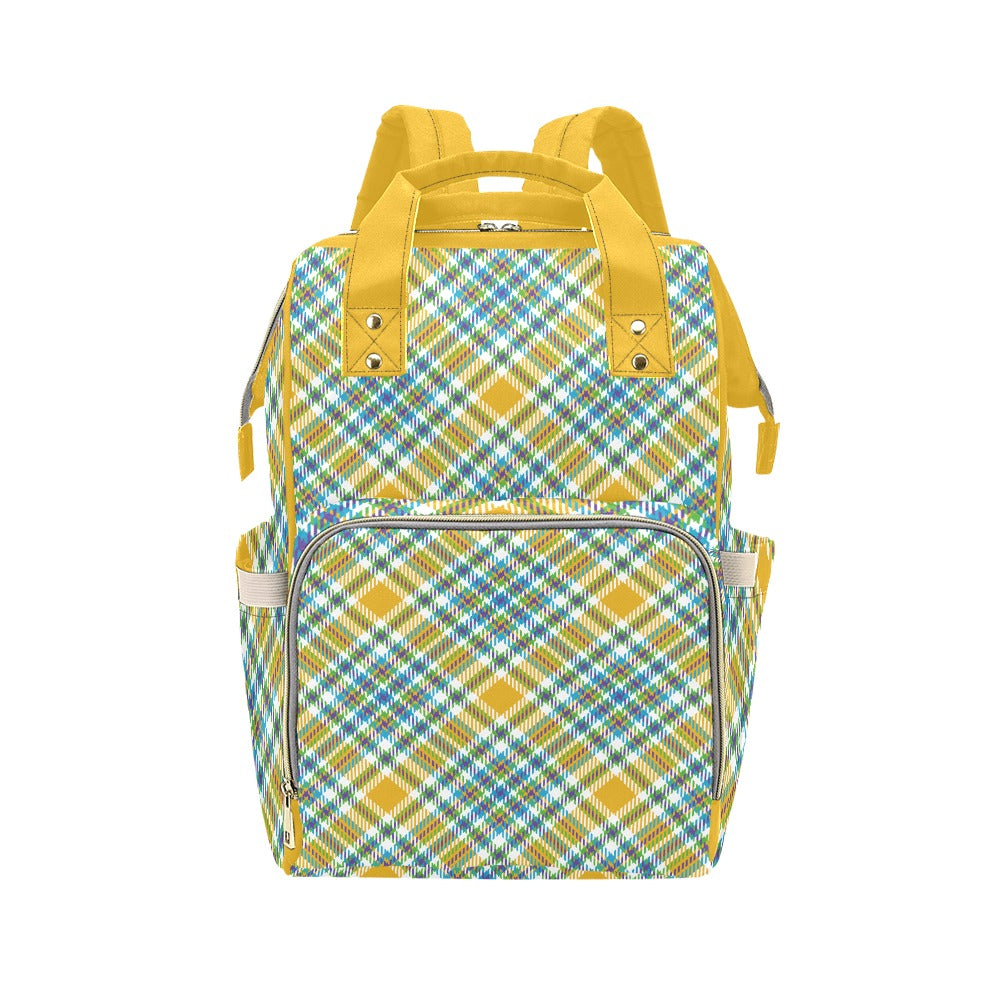 A vibrant yellow plaid multi-function backpack with top handles and adjustable shoulder straps against a white background.