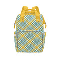 A vibrant yellow plaid multi-function backpack with top handles and adjustable shoulder straps against a white background.