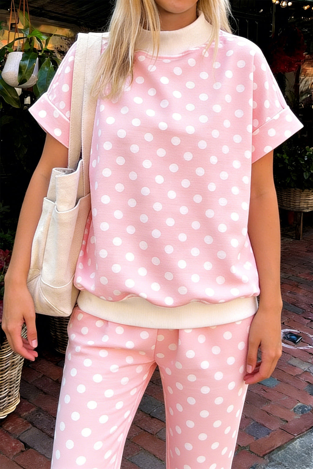 Pink Polka Dot Print Mock Neck Short Sleeve Shift Pant Set