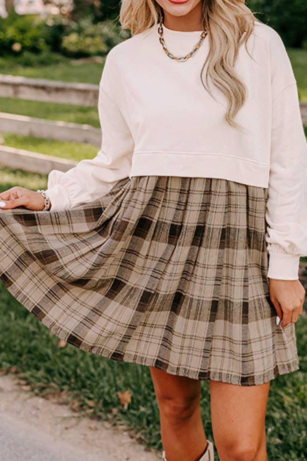 Vintage Plaid Long Sleeve Mini Dress with Round Neck
