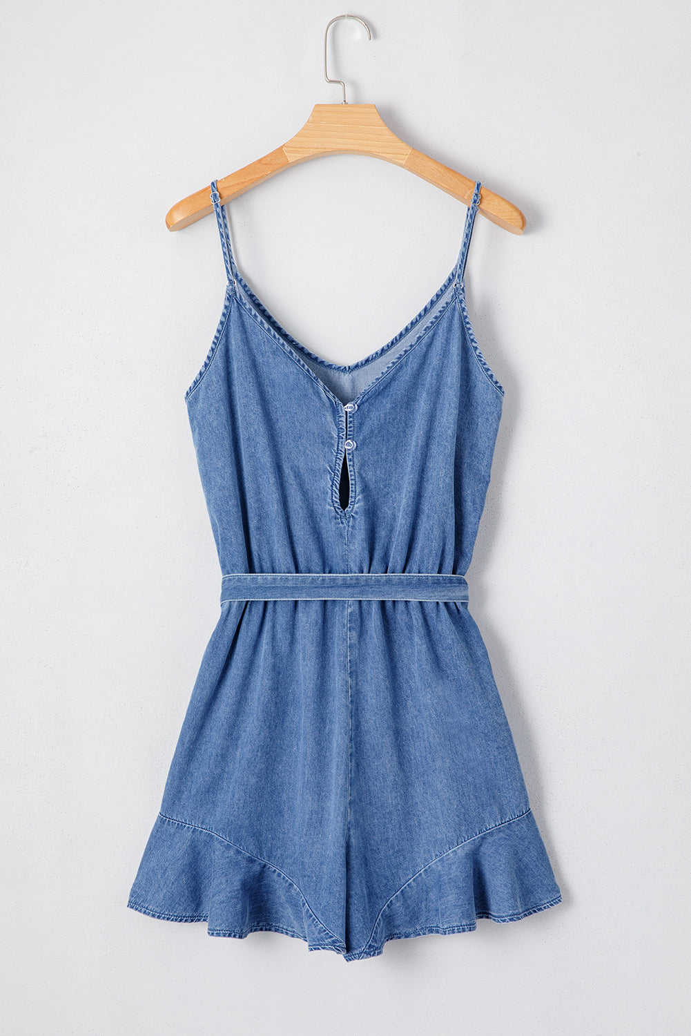 Ashleigh Blue Chambray Romper Spaghetti Straps Belted