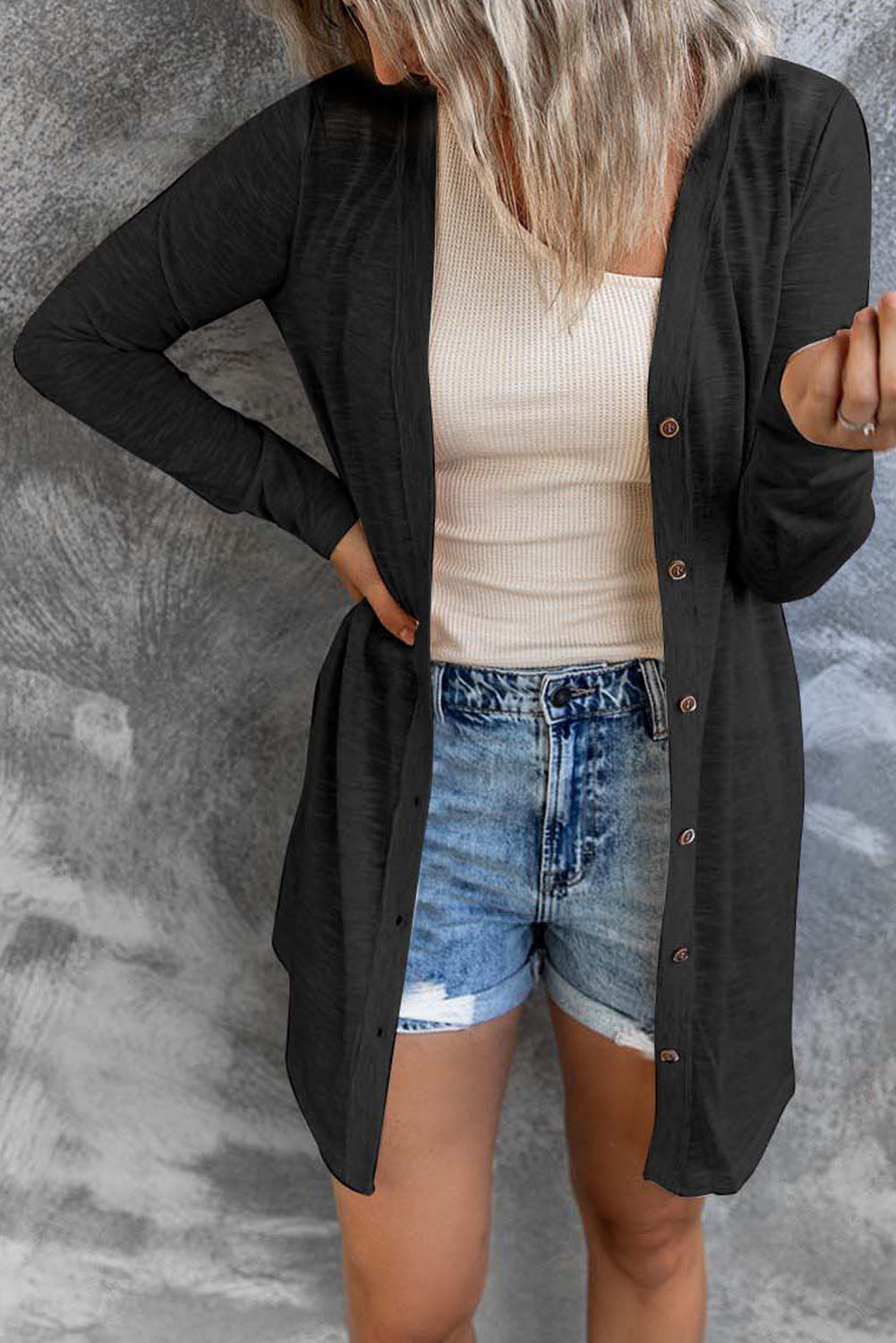 White Longline Open-Front Buttoned Cardigan - Lightweight Knit
