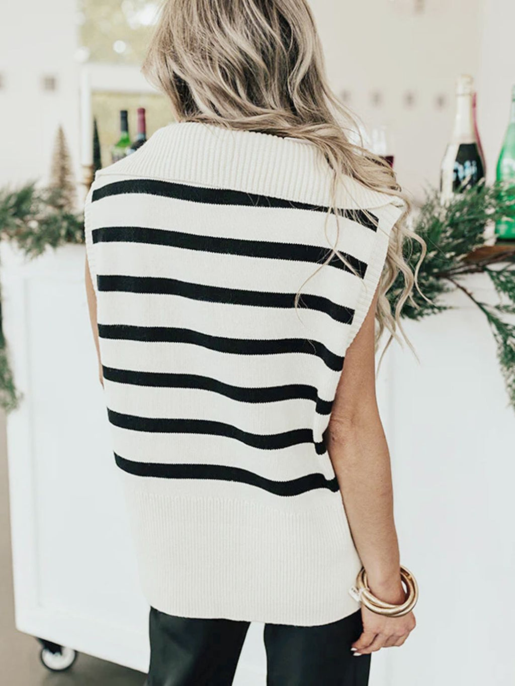 Women's Cream and Black Striped Half-Zip Knit Sweater Vest - Image 3
