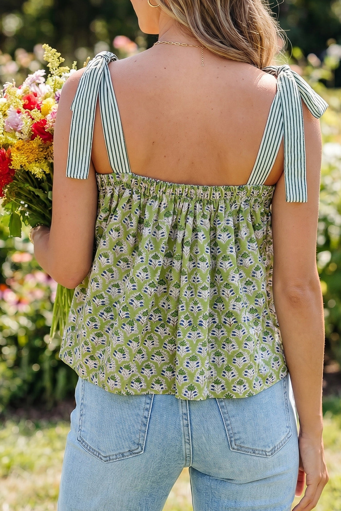 Alisson Straps Babydoll Tank Top in Green and White