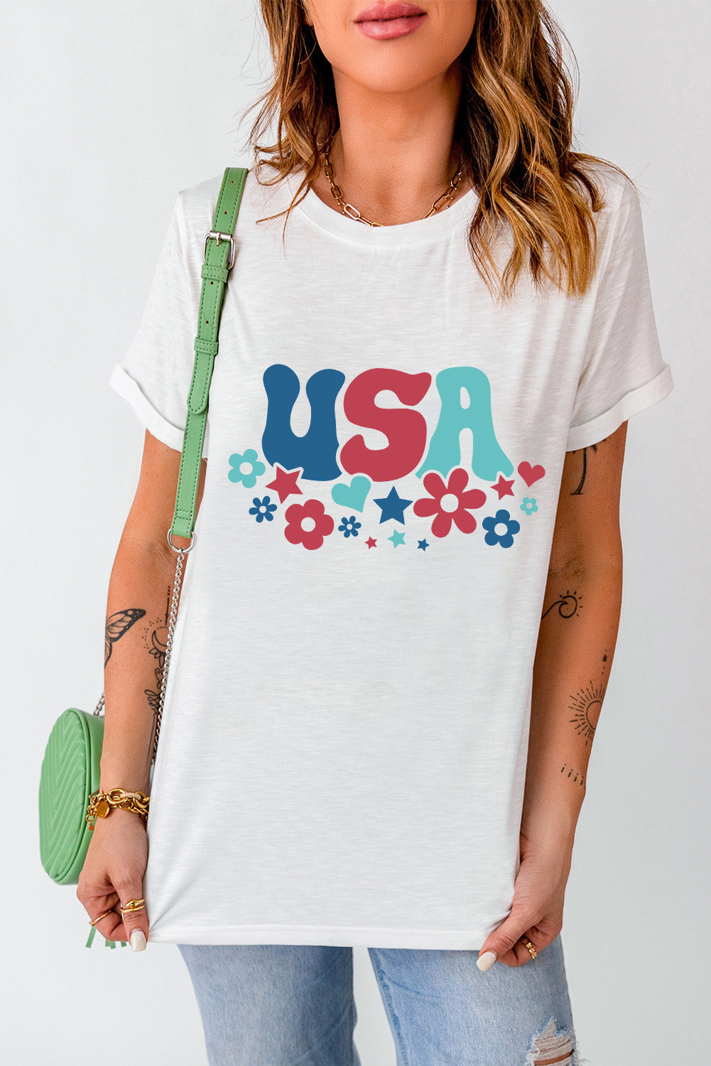 Women's White USA Graphic Print Short Sleeve Crew Neck T-Shirt - Image 2